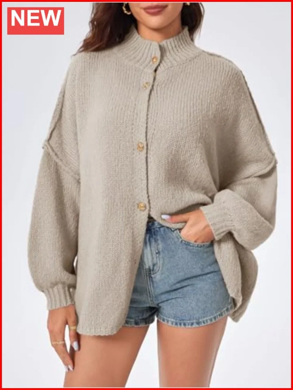 Oversized Lantern Sleeve Button Down Chunky Knit Cardigan Sweater Coat